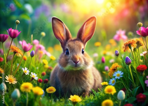 A cute rabbit perches in a sunny meadow, encircled by a riot of colorful flowers and soft green