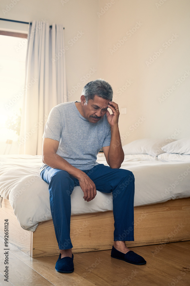 Home, bed and senior man with headache, stress and pain with retirement, alzheimers and pressure. Senior person, house and mature guy in bedroom, migraine and tension with medical crisis and dementia Home, bed and senior man with headache, stress and pain with retirement, alzheimers and pressure. Senior person, house and mature guy in bedroom, migraine and tension with medical crisis and dementia