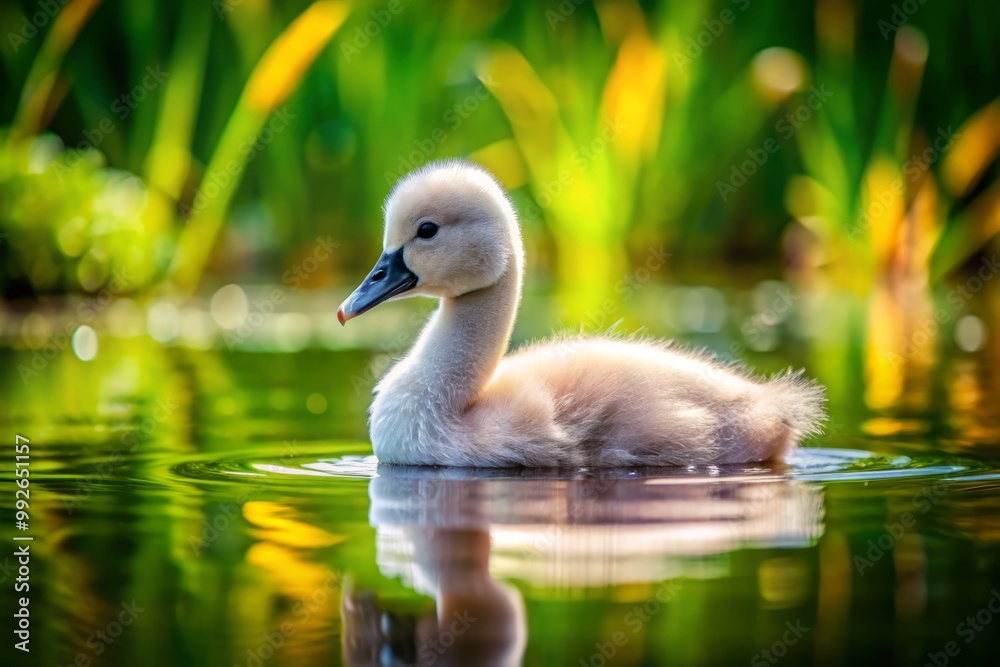 A delightful baby swan swims gracefully on a serene lake, enveloped by rich green foliage, showcasing the tranquil A delightful baby swan swims gracefully on a serene lake, enveloped by rich green foliage, showcasing the tranquil