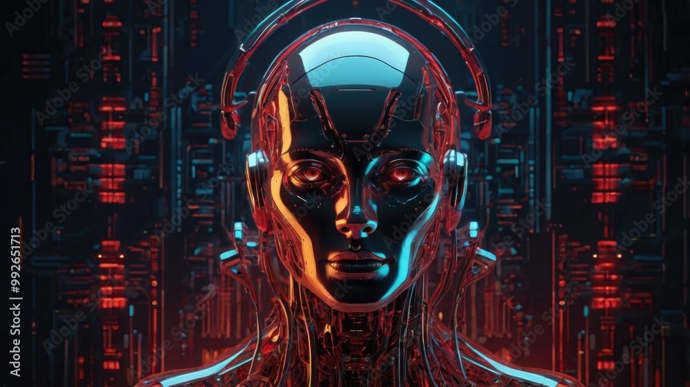 Futuristic humanoid robot with intricate design and glowing features against a dark background Futuristic humanoid robot with intricate design and glowing features against a dark background