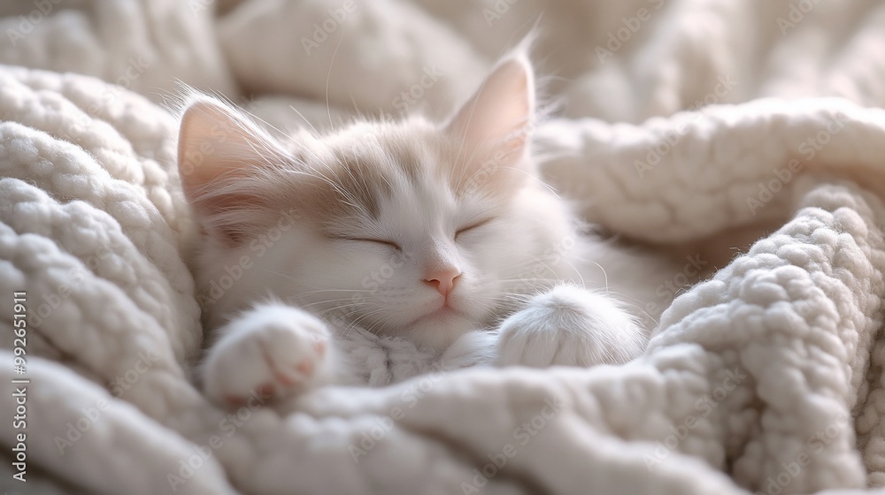 A white kitten sleeps soundly under a soft white blanket. A white kitten sleeps soundly under a soft white blanket.