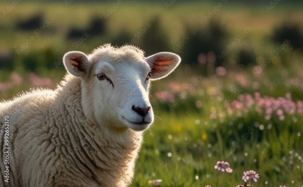 A sheep grazes peacefully in a vibrant flower-filled meadow during the golden hour of a sunny day in the countryside A sheep grazes peacefully in a vibrant flower-filled meadow during the golden hour of a sunny day in the countryside