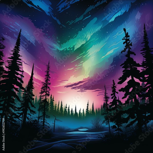 Wallpaper Mural Nothern lights with a silhouette of pine trees in the foreground. Torontodigital.ca