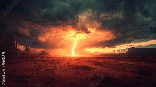 atmospheric desert landscape with dark clouds and vibrant lightning highlighting the beauty of a thunderstorm