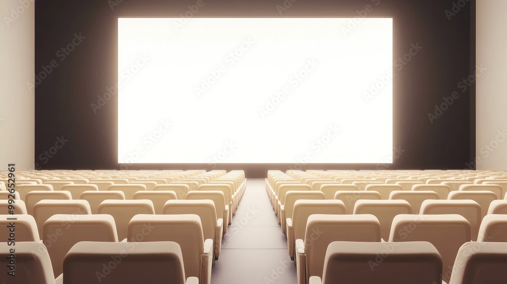 Obraz premium AI illustration of a theater with rows of cream-colored seats and a blank white screen. No people, no logos.
