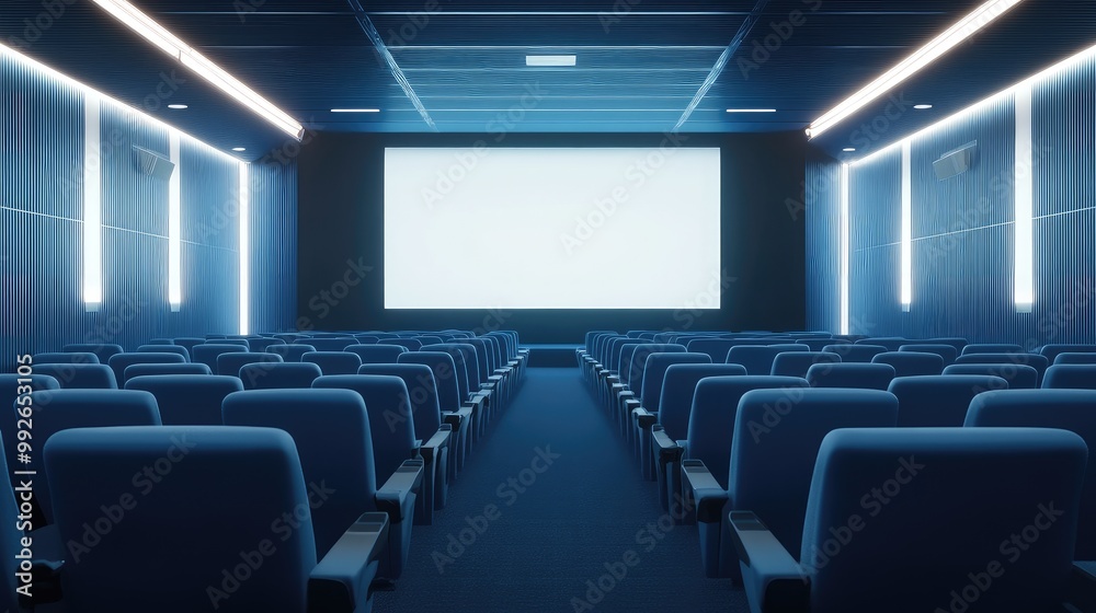Fototapeta premium AI-generated cinema with rows of comfortable blue chairs and a blank white screen. No people, no logos.