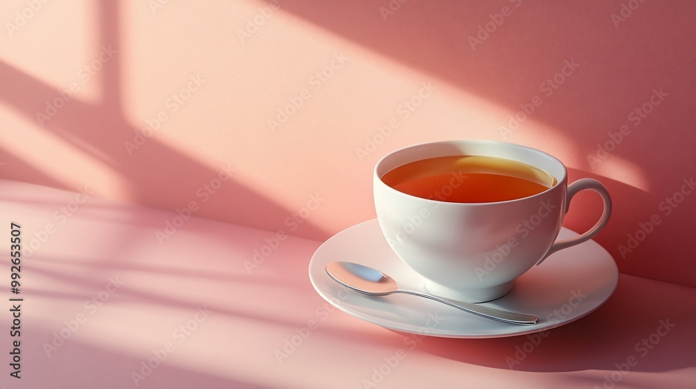 A white teacup and saucer with a spoon on a pink background with sunlight streaming through a window. A white teacup and saucer with a spoon on a pink background with sunlight streaming through a window.