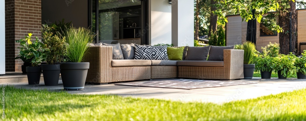 Fototapeta premium Stylish outdoor sofa surrounded by vibrant plants, perfect for relaxation and enhancing your garden space.