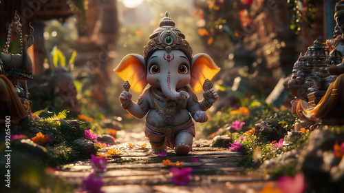 Statue of Baby Lord Ganesha in serene cute pose, Panorama  photo