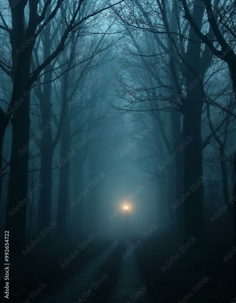 Foggy Road with Street Lamp: Dark and Eerie Forest Foggy Road with Street Lamp: Dark and Eerie Forest