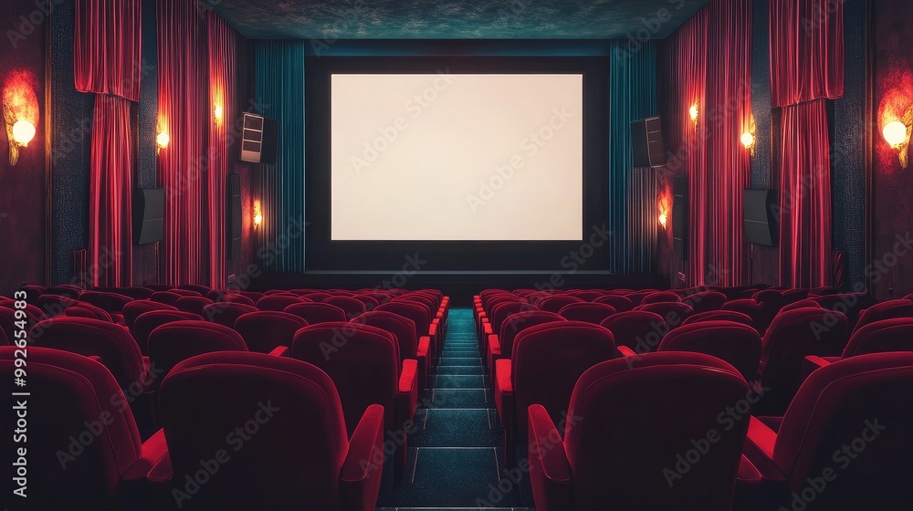 Classic cinema interior with plush red velvet seats and a white screen. AI-generated, no people, no logos. Classic cinema interior with plush red velvet seats and a white screen. AI-generated, no people, no logos.