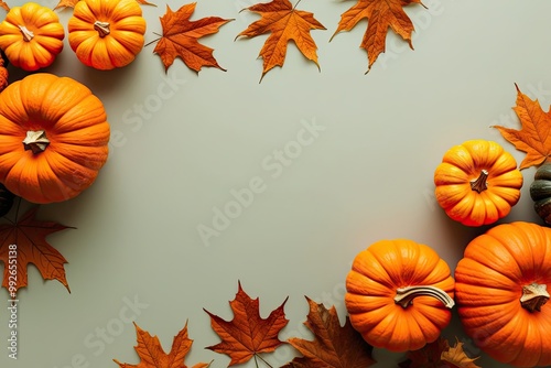 Vibrant Orange Pumpkins Surrounded by Colorful Autumn Leaves on a Soft Background