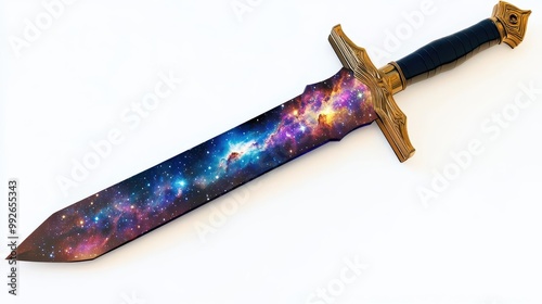A vibrant, cosmic sword featuring a galaxy design on the blade, perfect for fantasy art or science fiction themes.