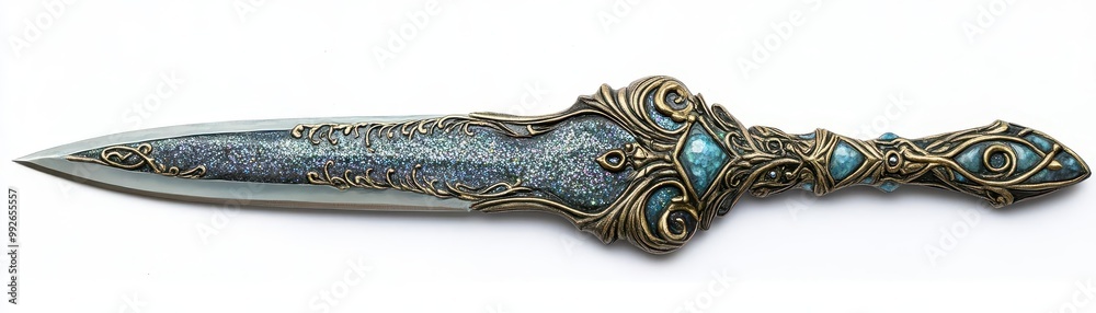 An ornate knife featuring intricate designs and turquoise accents, perfect for collectors and themed decor. An ornate knife featuring intricate designs and turquoise accents, perfect for collectors and themed decor.
