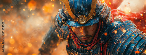 Fierce Samurai Warrior closeup portrait shot panorama with war background