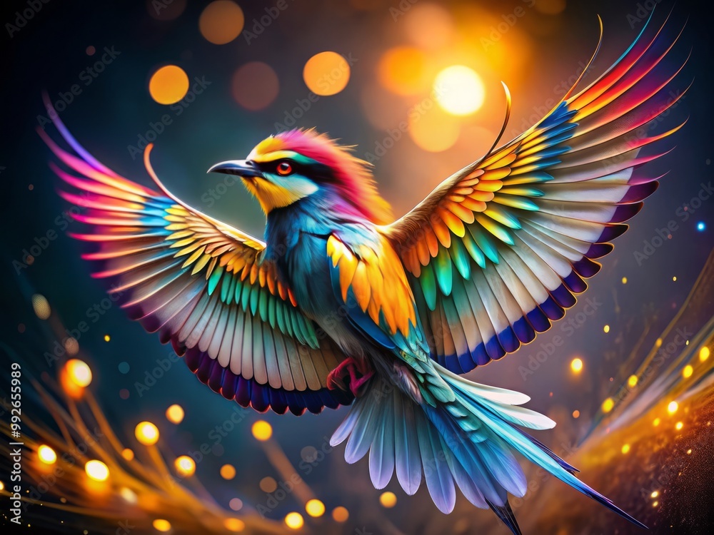 An elegant wing presents its intricate feather patterns against a serene natural setting, bursting with vivid colors An elegant wing presents its intricate feather patterns against a serene natural setting, bursting with vivid colors