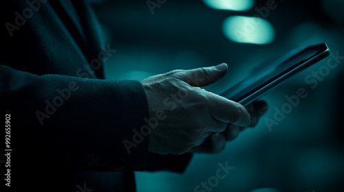 hands holding a scroll on a tablet in a cozy living room, symbolizing the fusion of traditional knowledge and modern technology, showcasing how we bridge the past and present in our daily lives