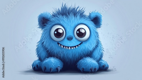 A Cute Blue Furry Monster Illustration. Blue Cute Monster. 3D Illustration. Generate Ai Image