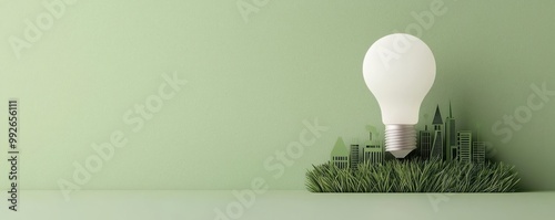 A light bulb surrounded by grass on a green background, symbolizing eco-friendly energy and sustainability. photo