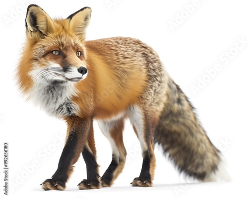 A stunning red fox with its bushy tail and sharp eyes standing alert against a white background highlighting its vibrant fur