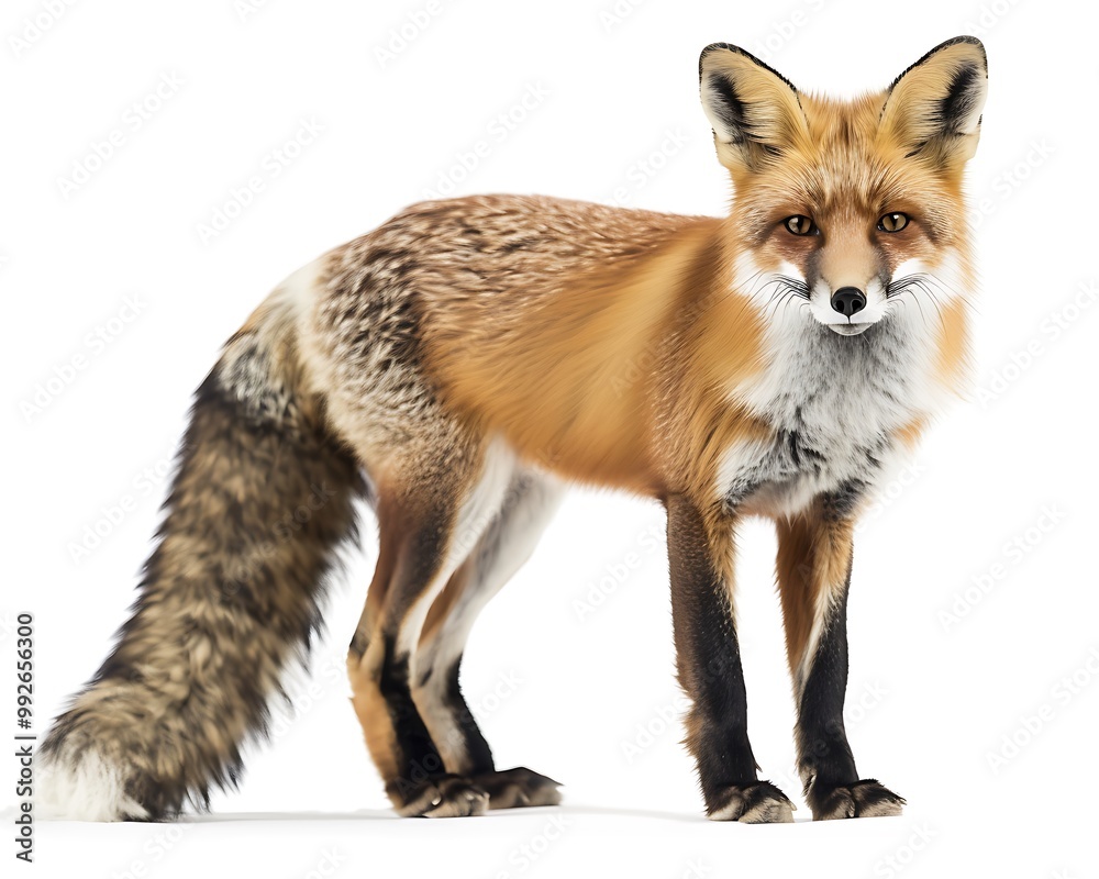 Fototapeta premium A stunning red fox with its bushy tail and sharp eyes standing alert against a white background highlighting its vibrant fur