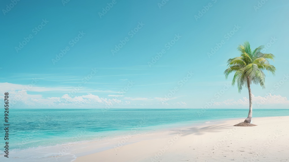 Quiet beach with a lone palm tree, turquoise water, sunny day Quiet beach with a lone palm tree, turquoise water, sunny day