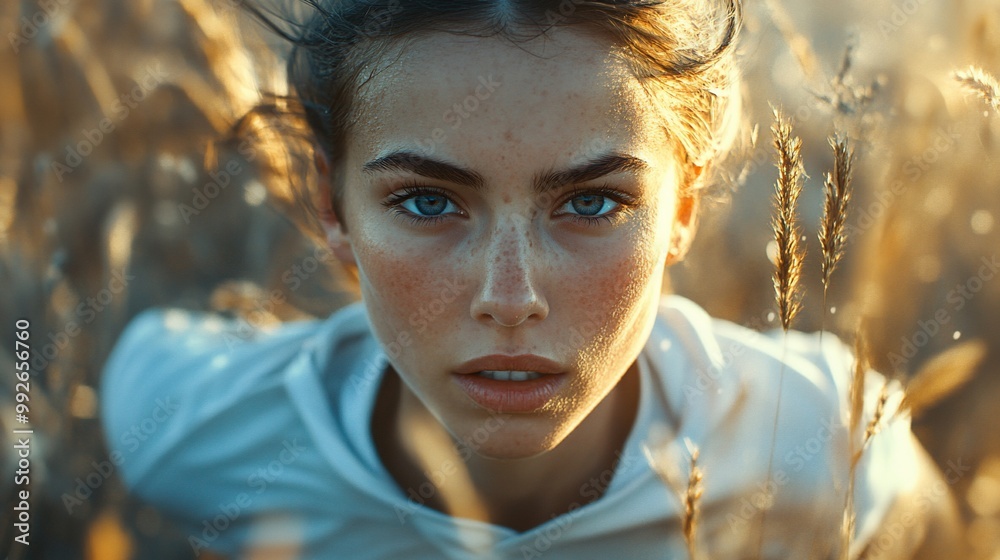 A woman with blue eyes and freckles looks intensely at the camera, with tall grass surrounding her. A woman with blue eyes and freckles looks intensely at the camera, with tall grass surrounding her.