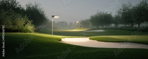 A serene golf course illuminated by soft lights, creating a peaceful atmosphere in the early morning mist. photo