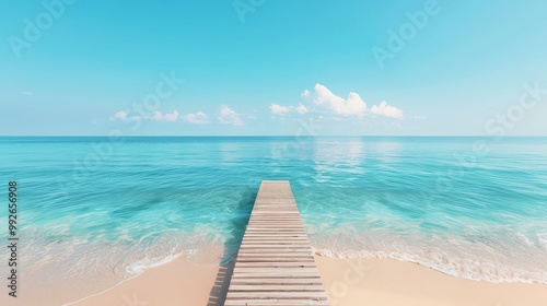 Beach with a pier extending into the sea, calm waters, clear sky