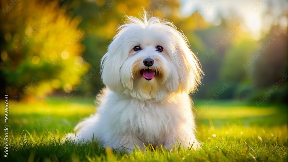 A playful Acoton de Tulear lounges on green grass, exhibiting a delightful expression and a luxurious white coat A playful Acoton de Tulear lounges on green grass, exhibiting a delightful expression and a luxurious white coat