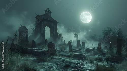 A moonlit cemetery, fog curling around ancient tombstones in eerie silence