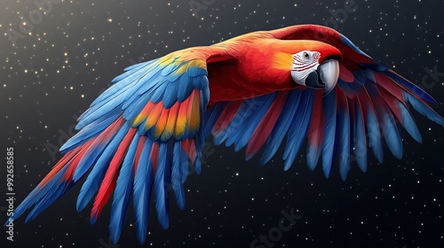 Scarlet Macaw in Flight Against a Starry Sky photo