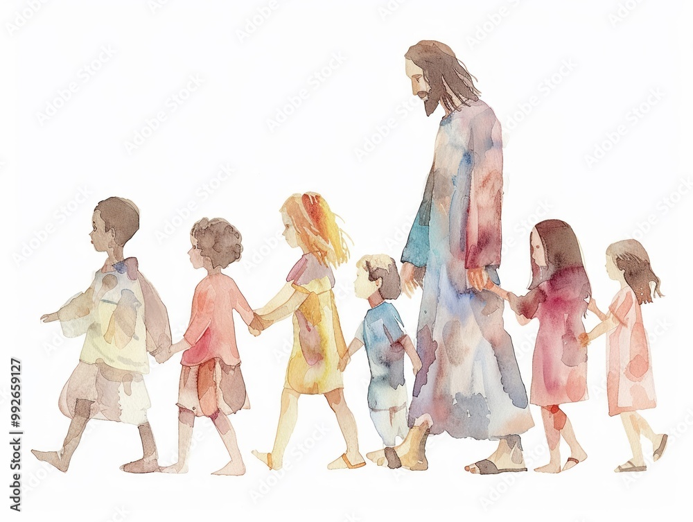 Illustration of Jesus walking with children of different nationalities ...