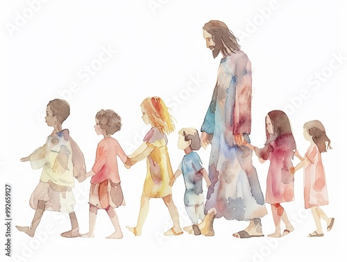 Illustration of Jesus walking with children of different nationalities in soft watercolors