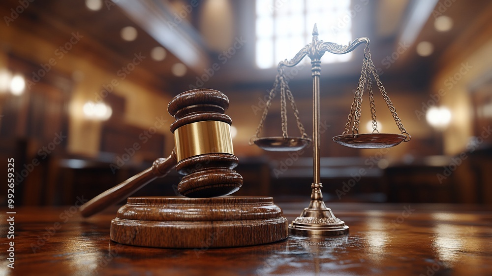 A wooden gavel and a scale of justice on a wooden table in a courtroom. A wooden gavel and a scale of justice on a wooden table in a courtroom.