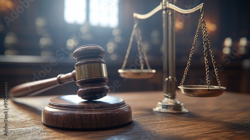 A wooden gavel and a golden scale of justice on a wooden table, symbolic of law and legal proceedings.
