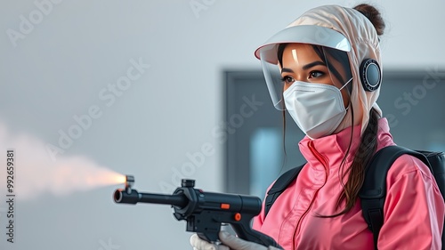 Pest control images, Woman in Full Protective Suit Spraying for Sterilization and Hygiene Control