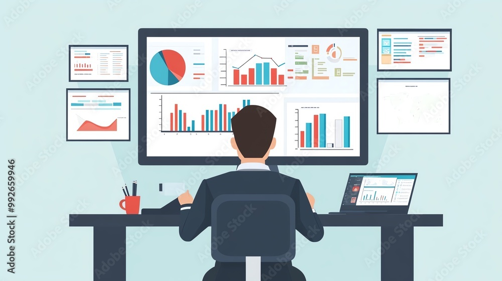 Businessman analyzing digital data on monitors. Businessman analyzing digital data on monitors.