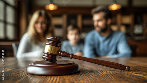 Wooden Blocks Spelling Divorce With Gavel and family. divorce and guardianship. photo