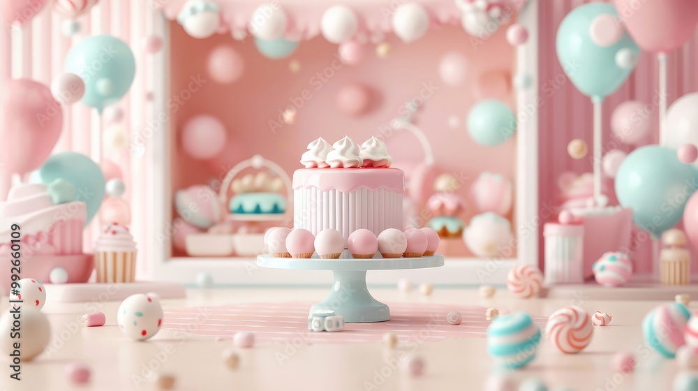 3D illustration of a candy shop, vibrant and inviting, colorful sweets
