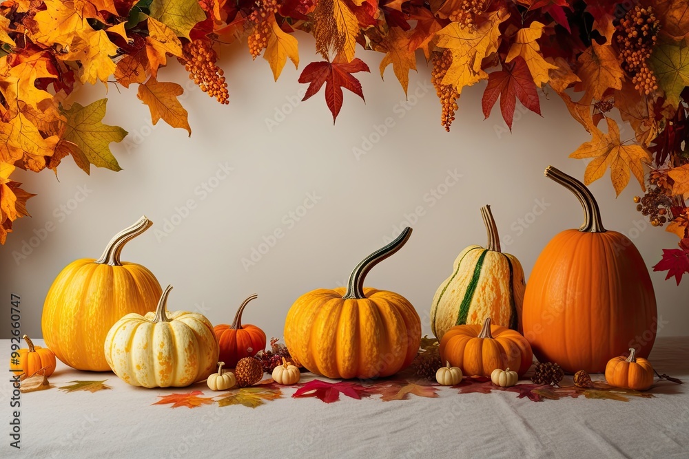 Golden Gourds and Colorful Autumn Foliage on a Soft Background Golden Gourds and Colorful Autumn Foliage on a Soft Background