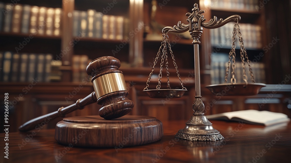 A wooden gavel and scales of justice on a wooden table in a courtroom. A wooden gavel and scales of justice on a wooden table in a courtroom.