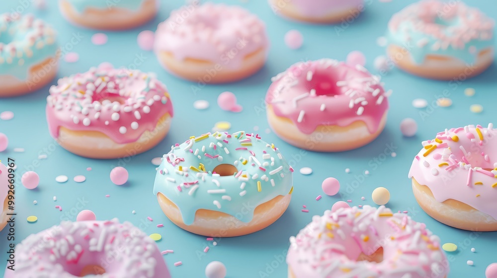 Delicious 3D donuts with colorful frosting, vibrant and cute
