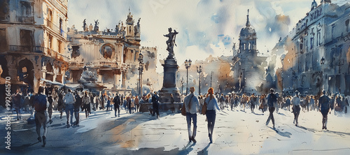 life drawing, natural drawing of a Spanish city full of people walking, monuments, statues, cathedral, antiquity, watercolor