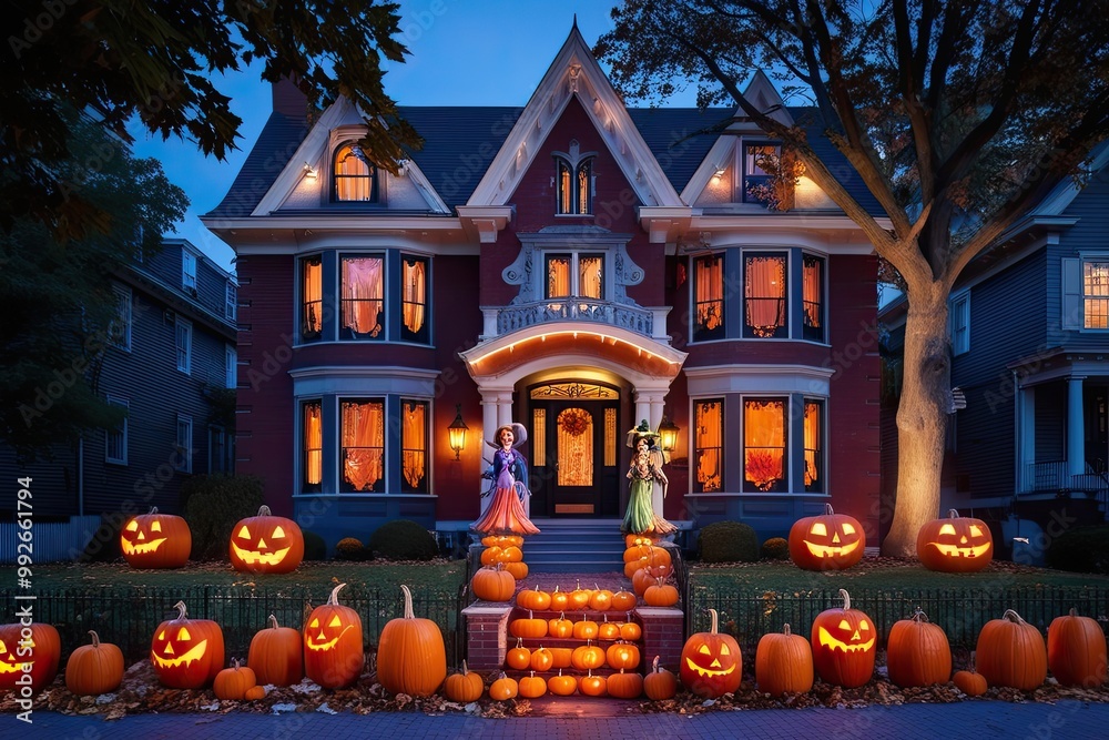 Obraz premium Halloween Decor in Boston Featuring Enchanted Figures and Decorative Pumpkins at Dusk