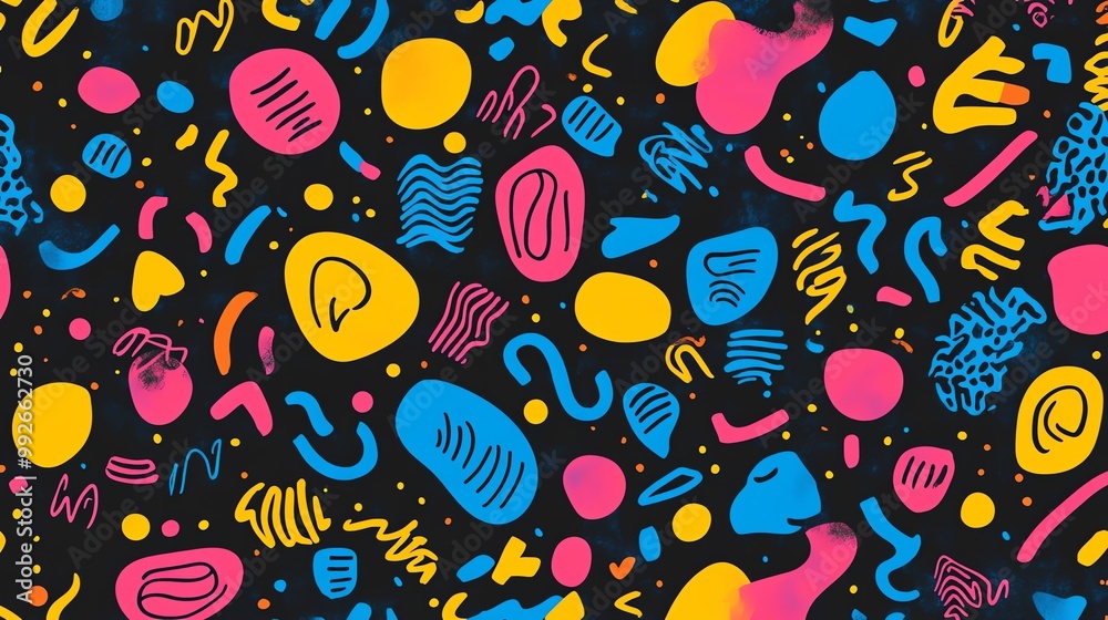 A vibrant and playful abstract pattern featuring bold, colorful shapes and lines. A vibrant and playful abstract pattern featuring bold, colorful shapes and lines.