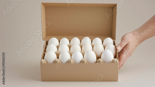 An open carton of white eggs in eco-friendly cardboard packaging, ready for delivery. The minimalistic design emphasizes sustainability and freshness, perfect for conscious consumers. photo