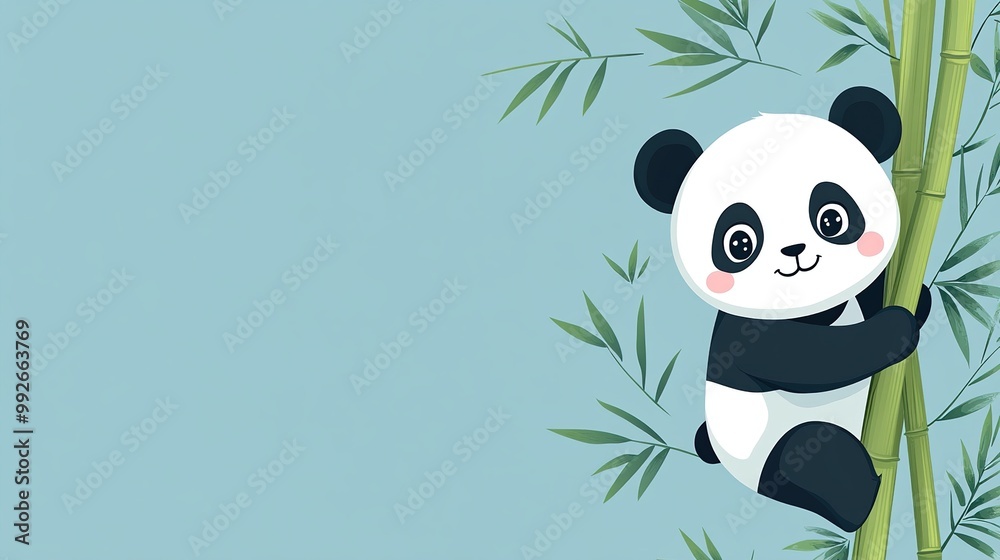 Fototapeta premium Cute Panda Bear Climbing Bamboo