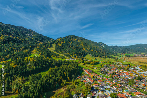 Blick über Oberammergau im Naturpark Ammergauer Alpen zum Kolbensattel photo