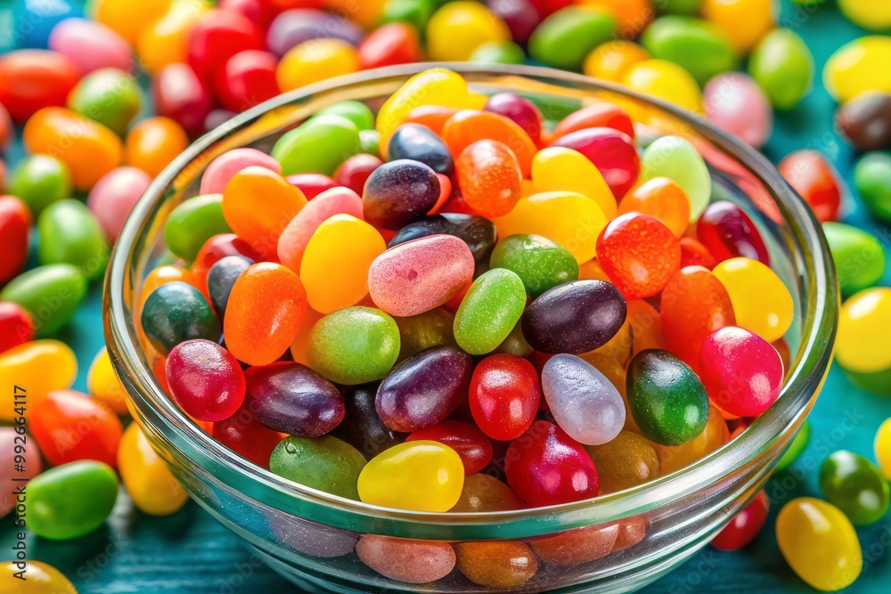 Brightly colored jelly beans, in an array of shapes and sizes, create a joyful scene, enticing sweet lovers Brightly colored jelly beans, in an array of shapes and sizes, create a joyful scene, enticing sweet lovers